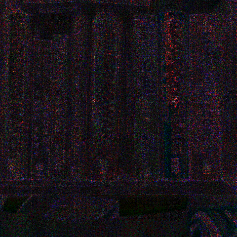 The difference between the two captures, amplified twelve times: a dense field of color noise across the whole frame.